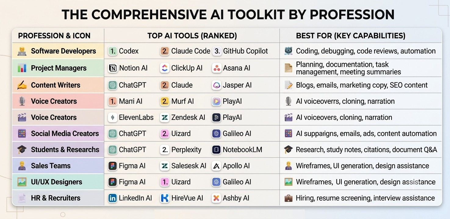 Comprehensive AI toolkit by profession — top tools ranked for developers, designers, writers, marketers and more